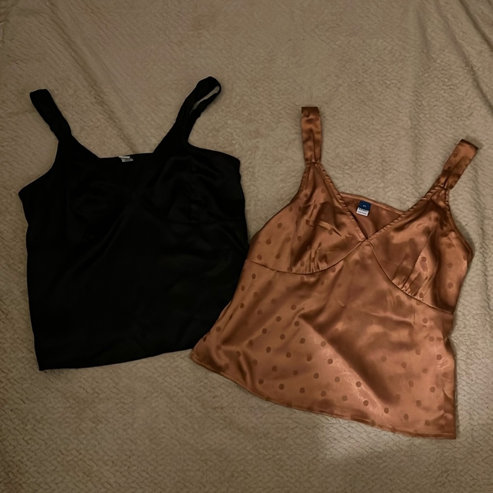 2/$10 ON Black & Orange Polka-Dot Satin Jacquard Cami Tops Bundle